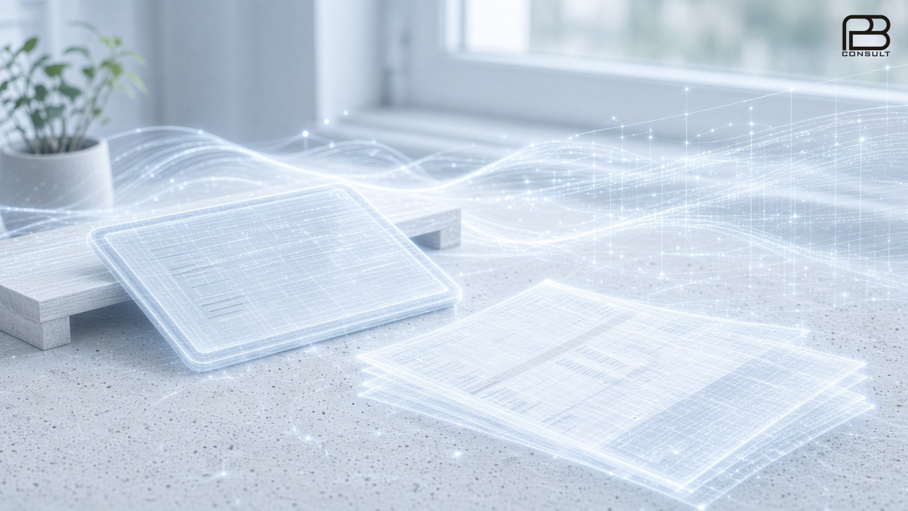 Documents dissolving into a digital grid of light, with the pB Consult mark