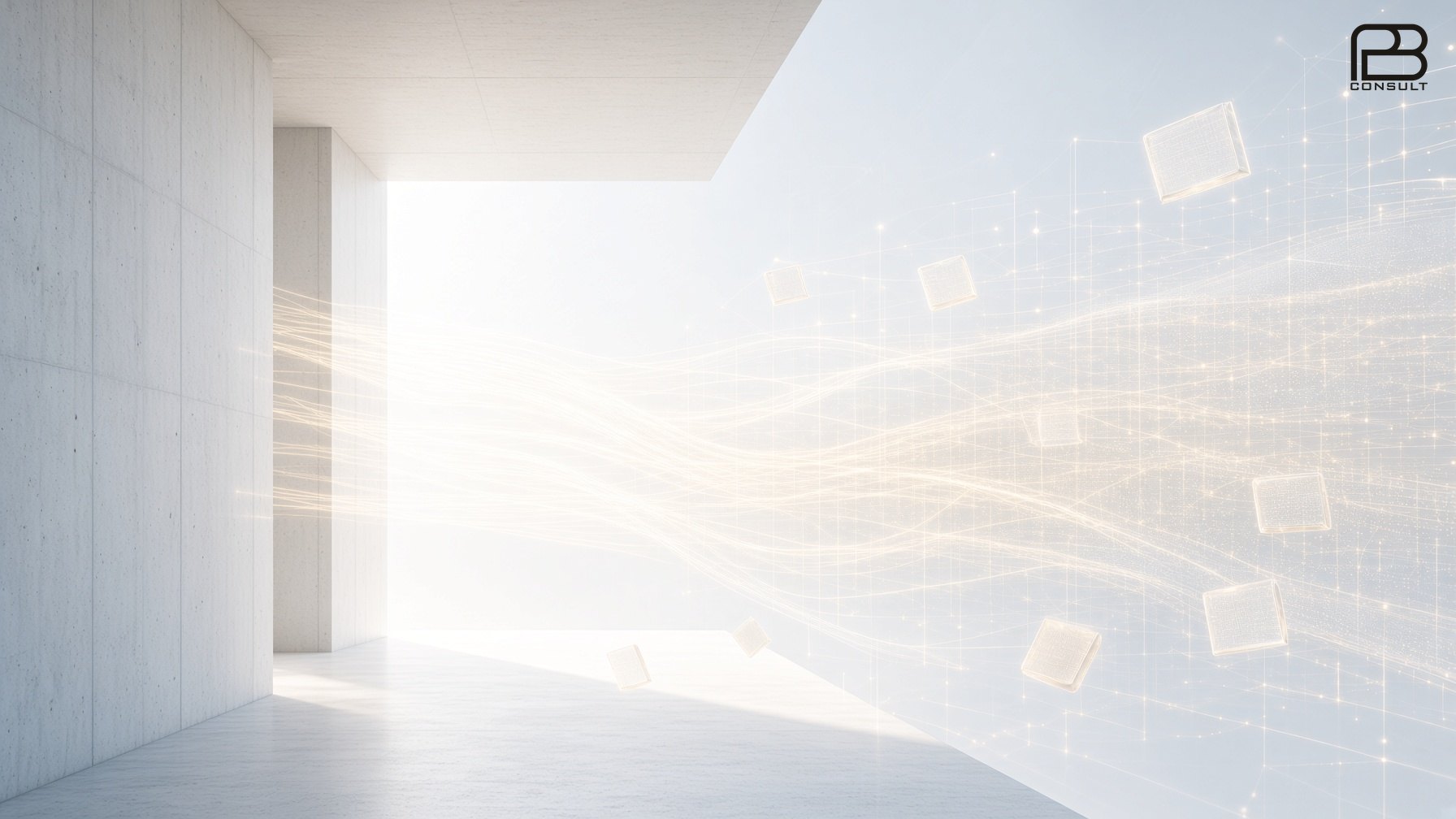 A concrete opening into digital light, with the pB Consult mark
