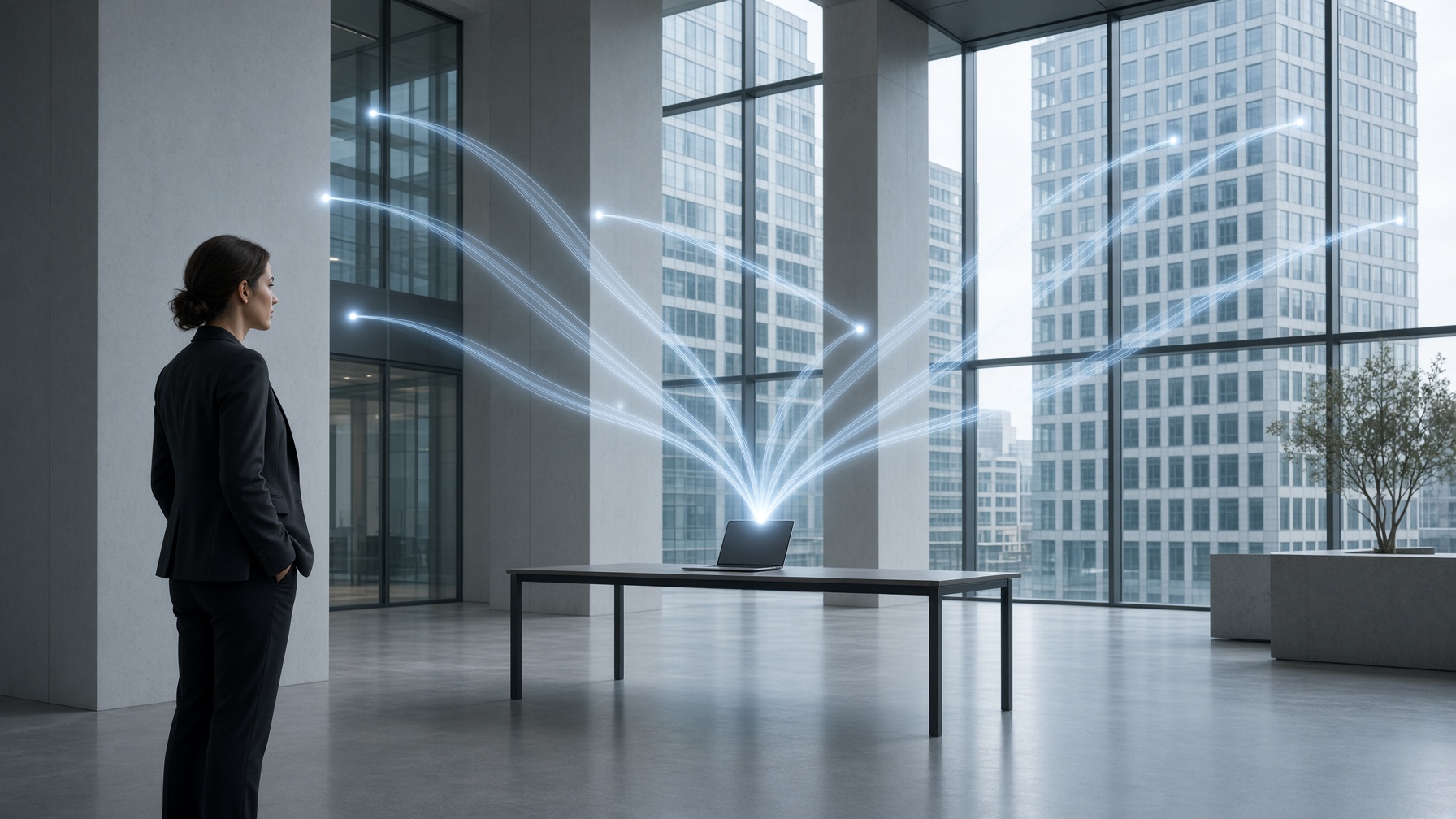 Viele Energieflüsse aus einem gläsernen Hochhaus laufen an einem Laptop zusammen