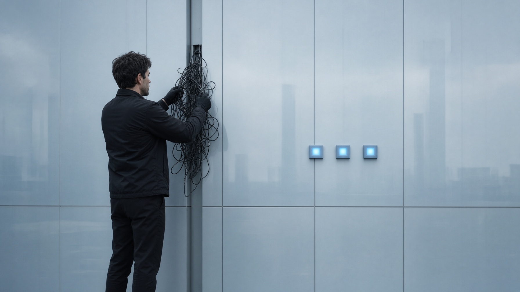 Alte Kabel werden von der Fassade genommen, wenige Lichtmodule bleiben